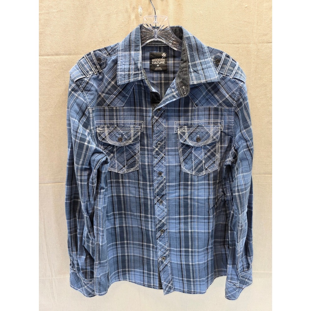 Modern Culture‎ Mens Blue Plaid Button Down Shirt Long Sleeve Western Pockets M
